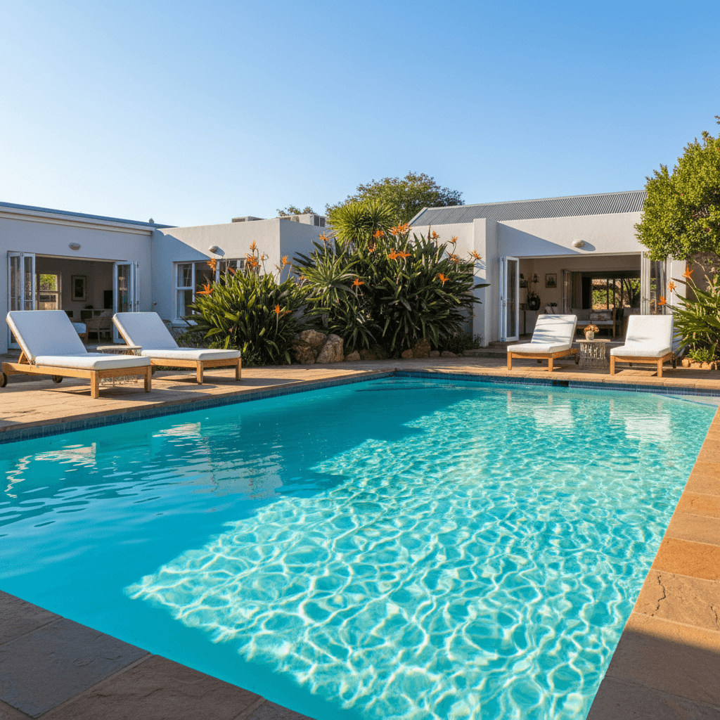 Sparkling outdoor swimming pool with lounge chairs at 3rd on Belgrave Street Guesthouse