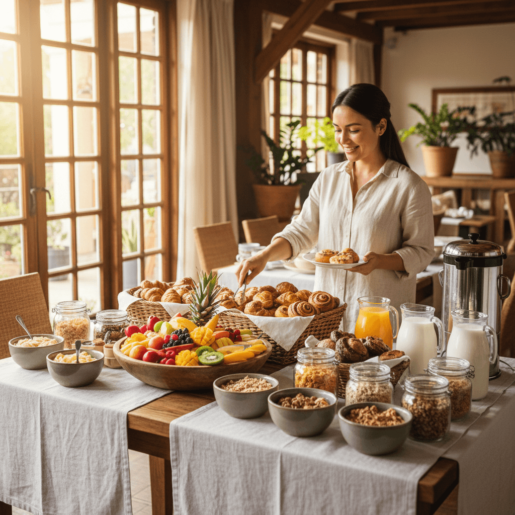 Appetizing breakfast buffet spread with fresh fruit and pastries