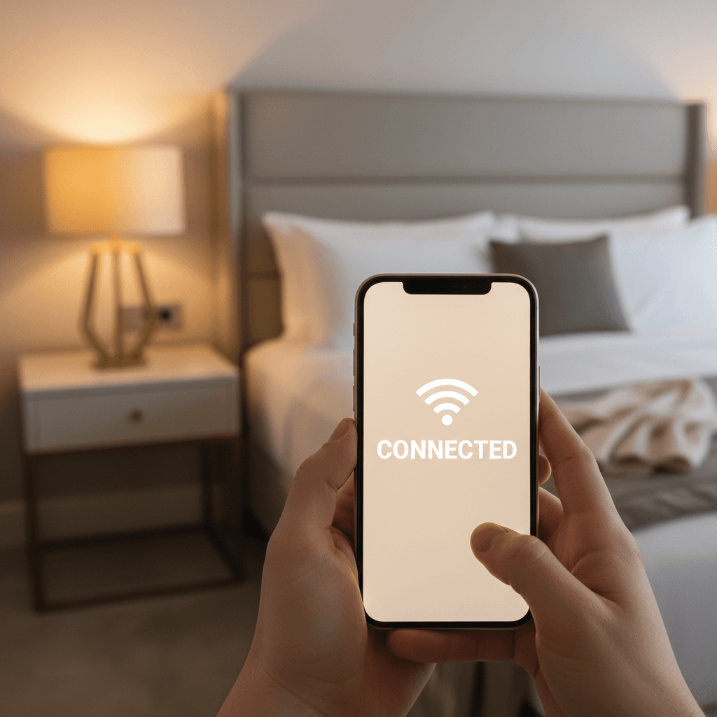 Guest using free WiFi on smartphone in comfortable guesthouse room