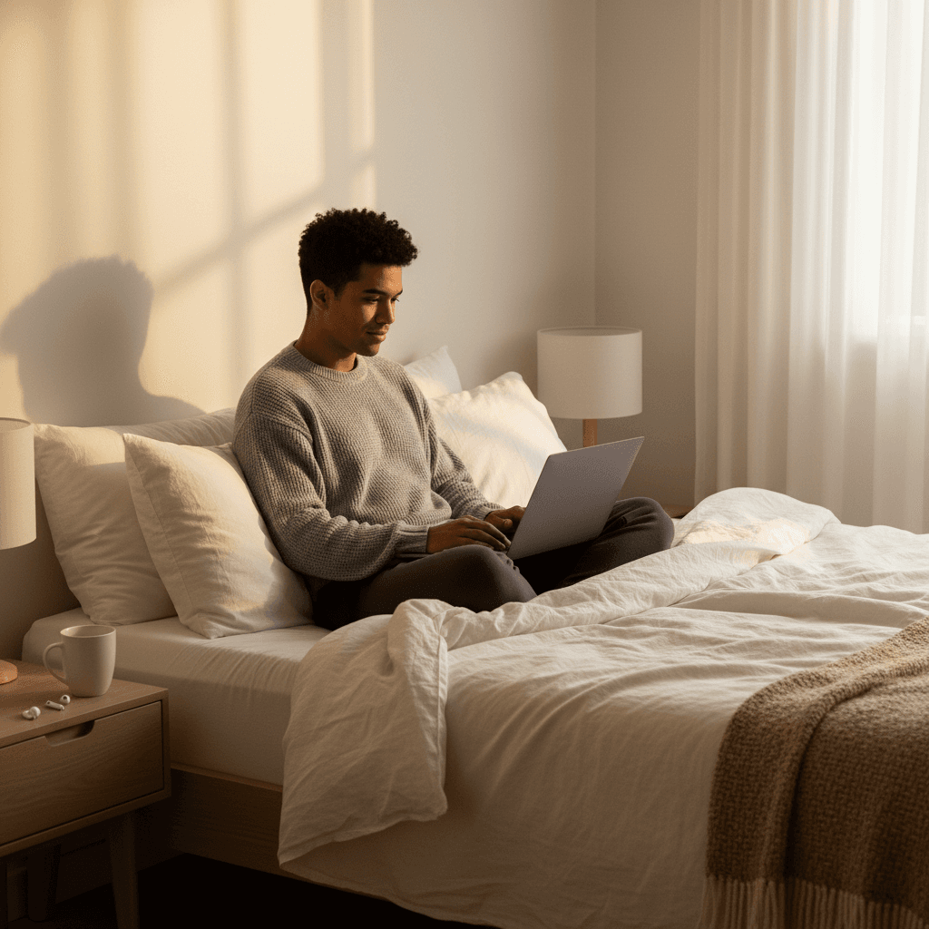 Guest using WiFi in comfortable guesthouse room